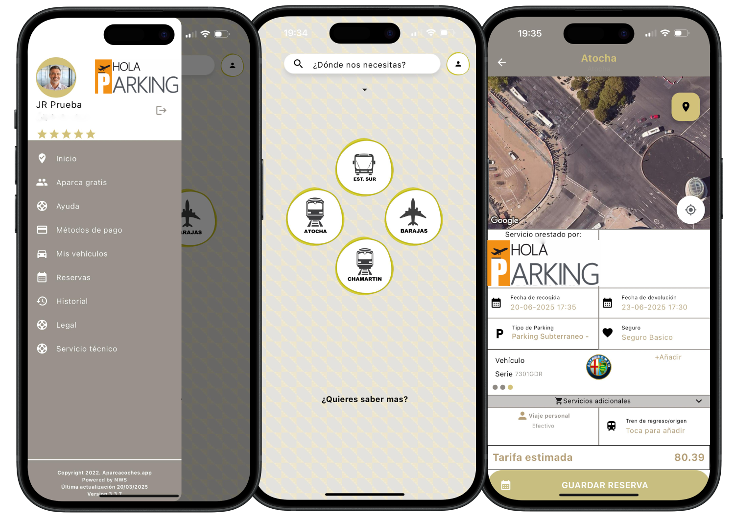 Capturas de pantalla de la aplicación Hola Parking en iOS y Android